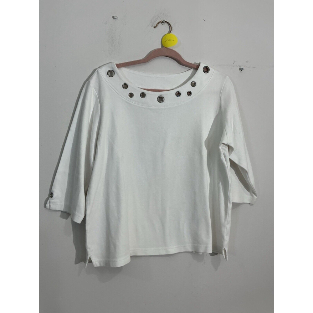 quacker factory womans Large White Short Sleeve Crop Shirt W/ Grommets
